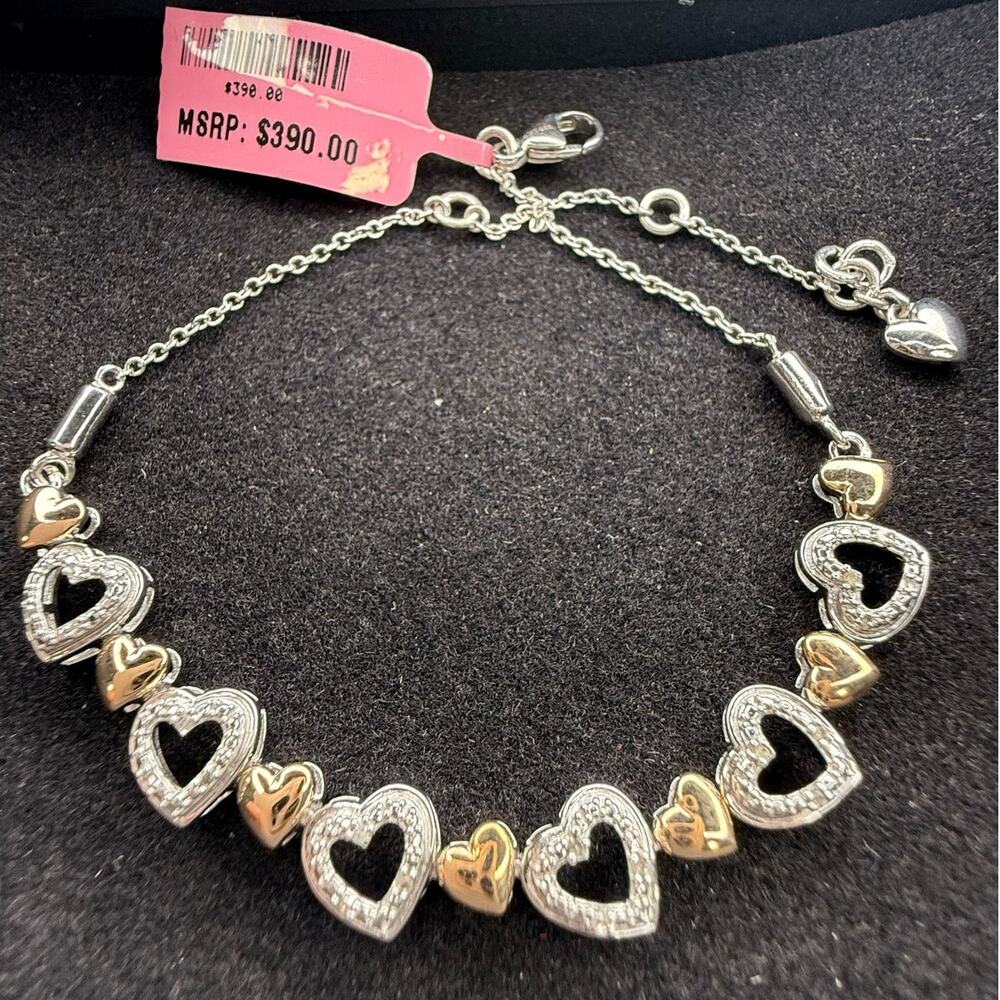 Solid 925 Sterling Silver Natural Diamond Heart Bracelet 6.5-7" Adjustable